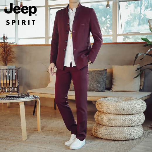 JEEP SPIRIT Zhongshan suit men young Chinese stand-up collar suit men Tang suit casual jacket men spring and autumn wedding dress 107 off-white top + shirt + pants 2XL