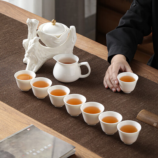 SUSHI CERAMICS Mutton Fat Jade Tea Set Chinese White Kung Fu Automatic Tea Set Jade Flower and Bird Internet Celebrity Model