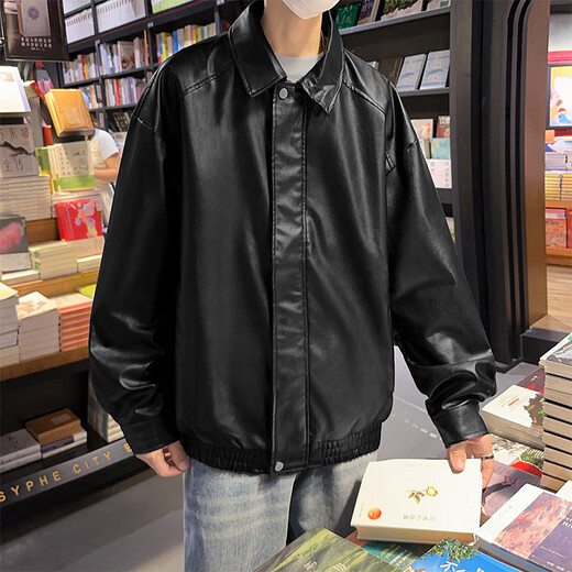 SWAMP AREA leather solid color men's autumn and winter hip-hop jacket top American retro motorcycle style jacket SWC99 black 2XL