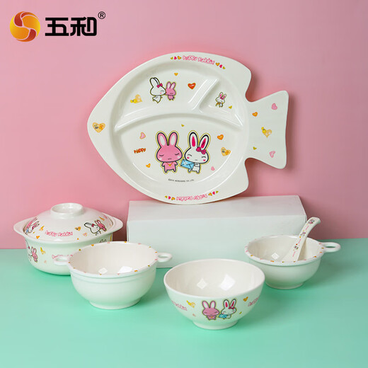 Wuhe para el tazón infantil de la vajilla para bebés A5 Metamine Imitation Serie de porcelana placa de tazón de la altura auspiciosa del conejo alojo de conejo auspicioso de la sopa para niños H-838j*1