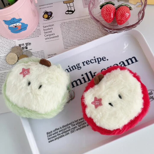Reinajoy lindo dibujos animados verdes manzana plush billetera de monedas misceláneas paquete de almacenamiento keys paquete rojo auriculares bordados creativos paquete pequeño