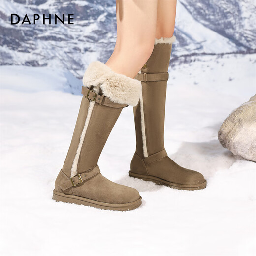 达芙妮长靴雪地靴女厚底长筒靴加绒保暖2025新款增高防寒东北北方加厚 卡其 36 (230mm) 标准码