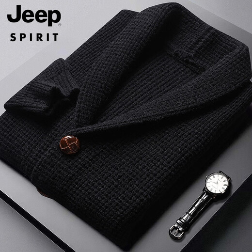 JEEP SPIRIT Thick Thread Sweater Jacket Men's Green Fruit Collar Cardigan Sweater Loose Large Size Retro Japanese Thickened Sweater Black L 170