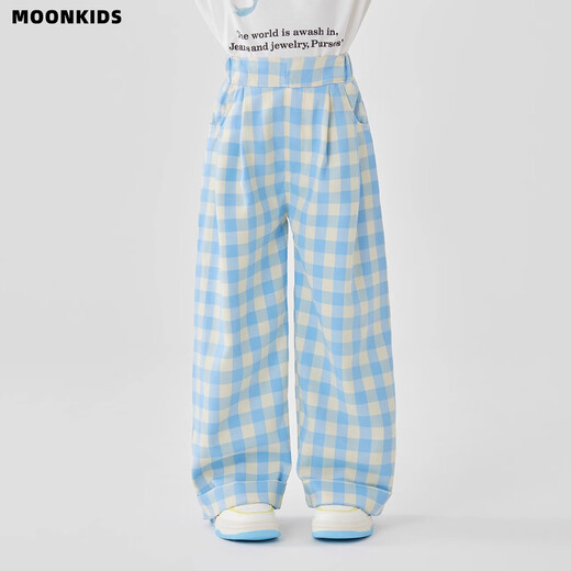 
moonkids girls wide-leg pants 2025 spring new children's loose versatile plaid straight-leg pants large children's casual pants spring suit 15266 blue 110 cm