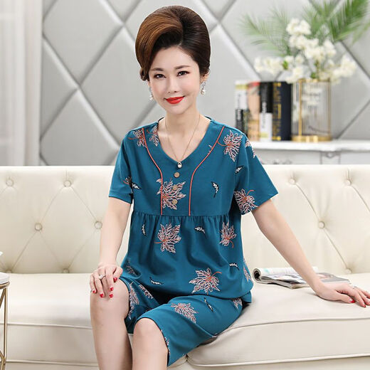 炙夏中年妈妈睡衣女夏季纯棉短袖七分裤中老年人 t3937 2XL (135-155斤)