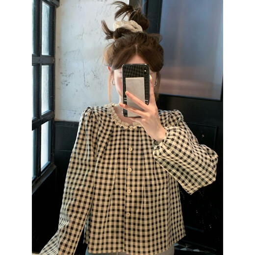 Moyiya (Moyiya) [826 personnes Collection] Sweet Plaid Lace Lace Round Coud Plaid Plaid Long à manches pour femmes Spring New Style Black [peut être porté pendant toutes les saisons] Recommandé 116-125 Jin [Jin équivaut à 0,5 kg] xl