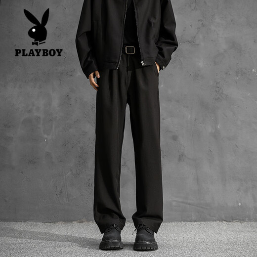 Playboy (PLAYBOY) pure cotton trousers for boys, straight, loose and drapey, spring and autumn casual trousers, American high-waisted suit trousers, dark gray S
