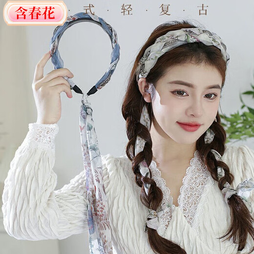Spring flower hairpin hairband for women retro autumn and winter braided hairband with teeth anti-slip Internet celebrity new hair bundle feeling head cave hair accessory blue gray