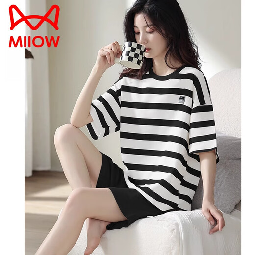 猫人（MiiOW）纯棉睡衣女夏季短袖短裤薄款大码家居服条纹可外穿套装2025年新款 HMT-844【黄色】 2XL (推荐体重：140-160斤)