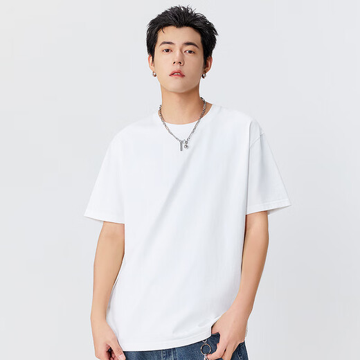 名创优品（MINISO）纯棉白色短袖男新款潮牌男生半袖t恤青少年百搭正肩圆领上衣体恤 白色(浮光笔刷胸标) L /175(30天质量问题全额退)
