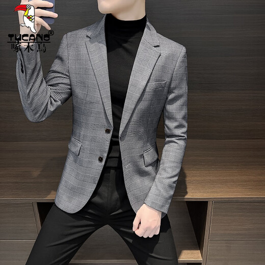 Woodpecker (TUCANO) Casual Small Suit Jacket Men's Spring and Autumn 2025 New Tops Handsome Houndstooth Suit Men's Khaki XL Recommended 140Jin Jin is equal to within 0.5 kg