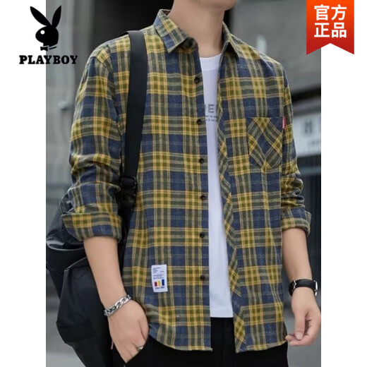 花花公子（PLAYBOY）格子休闲衬衫男士春秋季长袖衬衣韩式上衣服复古宽松夏季薄款外套 K12108灰色高质量 2XL 145-160斤