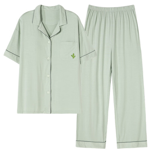 帕兰朵带胸垫睡衣女士夏季短袖长裤开衫莫代尔凉感家居服夏天2025年新款 X12112# M