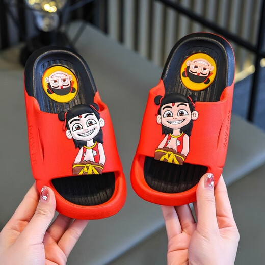 G.duck little yellow duck Nezha children's slippers summer boys and girls bathroom bath cartoon non-slip children's baby slippers Nezha-red (upgraded version) 26 inner length 16.5cm 26-27 size