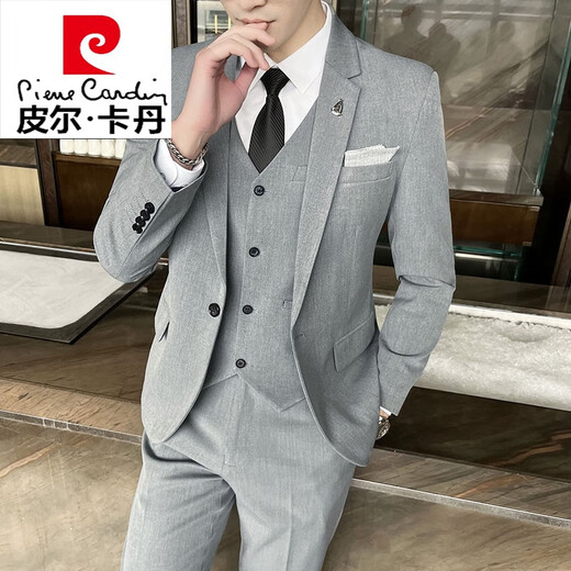 皮尔卡丹（pierre cardin）男士西装套装男商务休闲修身正装春秋职业小西服青年新郎结婚礼服 深灰色-三件套(上衣+裤子+马甲 M