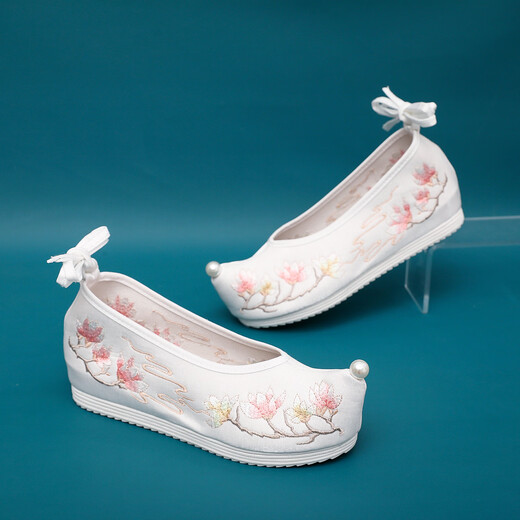 Todos los zapatos bordados de estilo antiguo, con el estilo étnico de la altura interna de la altura interna de la altura interna, con falda de cara de caballo, zapatos individuales de suela gruesa, zapatos de tela, mar de flores blancas 39 (la altura interna aumenta aproximadamente 3.5 cm)