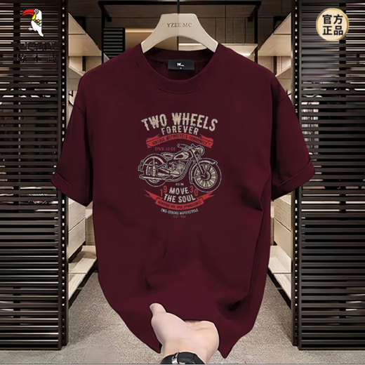 Camiseta de algodón corto de algodón de leña (tucano) para hombres en la motocicleta retro de verano impresión del hombro delantero del cuello redondo de la manga de cuello redondo para hombres 683 negros L (recomendado 120-135 Jin [Jin equivale a 0.5 kg])