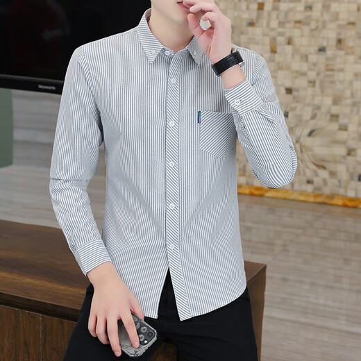 Seven Wolf (SW1960) Langarm Shirt Herren Spring Trendy Brand Slim Free Iron Casual Top 2025 Frühling und Herbst Neu gestreifte Hemdjacke 733 Gray M.