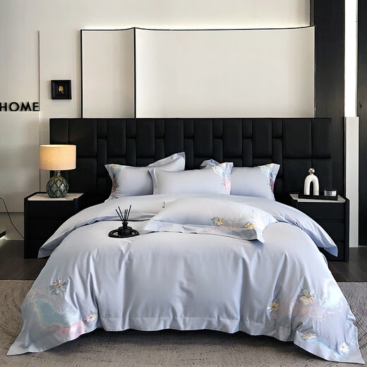 Mengyan MENGYAN's new 100-count pure cotton four-piece set, light luxury long-staple cotton 100% cotton bed sheets and duvet covers, thickened warm bedding, Cloud Blossoms - Baby Blue Sheet Type 1.5 meters (quilt cover 200*230cm)