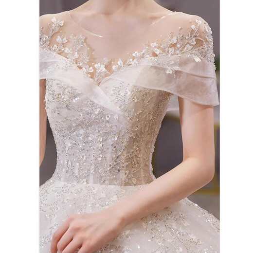 Wutuo One-Shoulder Hochzeitskleid Französische Braut 2025 Neues Hauptgarn kleine Abdeckungen Arme und Schwänze große Textur für Frauen, Qidi-White-Stil, geben Sie: Schleierhandschuhe Rock S (90-98jin [Jin gleich 0,5 kg])