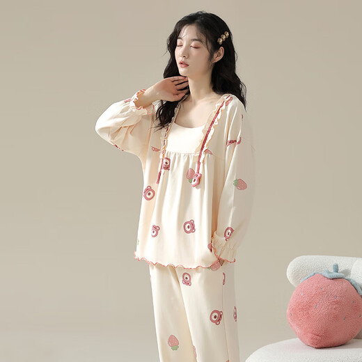 LangSha pajamas couple wear for one man and one woman spring and autumn pure cotton long-sleeved cartoon casual wearable 100% cotton home wear 8039 couple M female + XL male