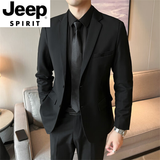 JEEP SPIRIT Suit Jacket Men's Slim Suit Casual Business Professional Formal Wear Handsome Groomsman Suit Two-piece Black Suit S