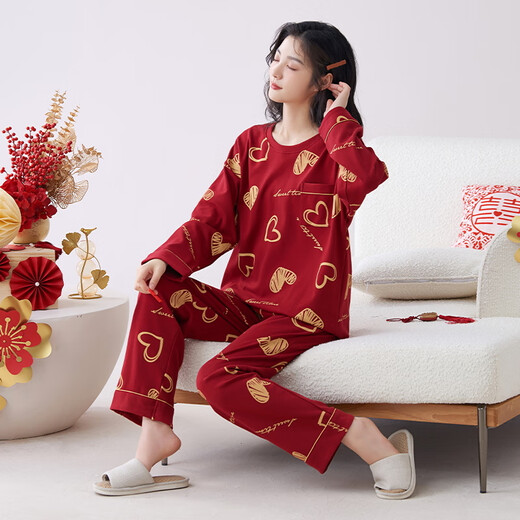 猫人蛇年睡衣女士春秋季纯棉长袖100%全棉家居服冬红色本命年V领套装 9226 2XL ( 建议体重130-160斤）