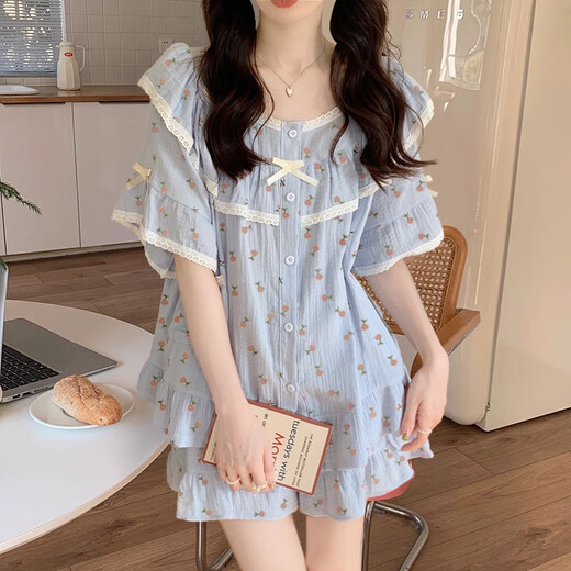 
LangSha pajamas for women in 2025 summer new spring and autumn floral cardigan sweet girl short-sleeved summer home wear suit M1283 blue [main picture] M [recommended 80-100Jin [Jin equals 0.5 kg] wear]