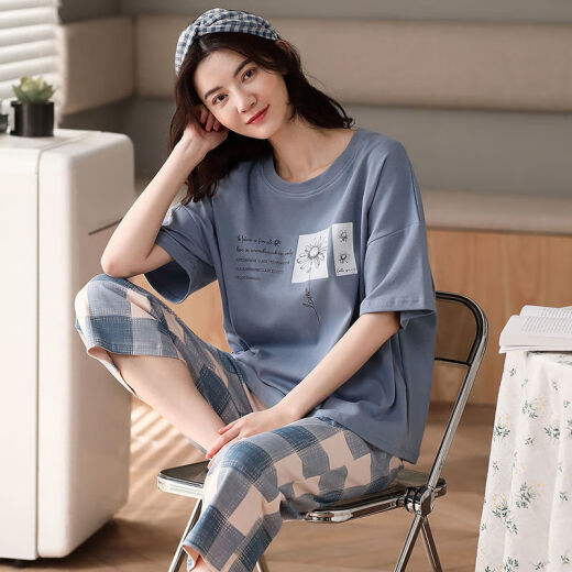 都市丽人睡衣女夏季纯棉短袖七分裤可外穿全棉家居服全棉套装 YZT9854 M 75-95斤