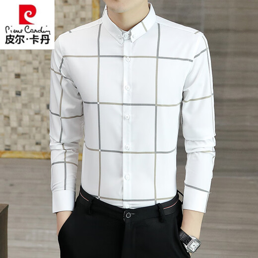 Pierre cardin spring and autumn plaid casual shirt men's long-sleeved thin high-end shirt business slim-fit trendy shirt 9922 khaki XL (120-135Jin [Jin equals 0.5 kg])