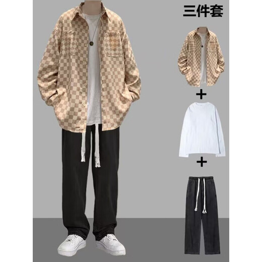 Traje de camisa a cuadros de manga larga de primavera y otoño VZVG para niños atuendo de estilo Hong Kong con jeans modernos de tres piezas un set de tres piezas [3 piezas] 684 Camisa Negra + Long T + 5080 L