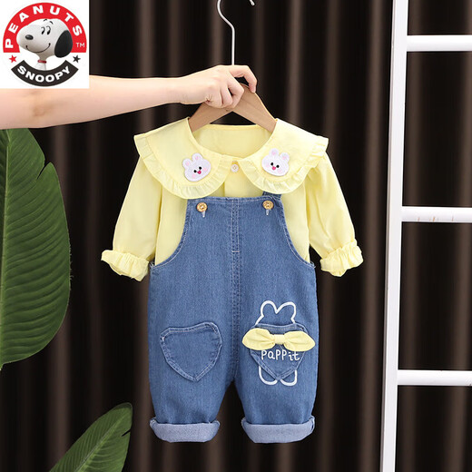 史努比（SNOOPY）儿童套装2025春秋款新款0-4岁女童小兔子衬衫牛仔背带裤两件套 粉红色 80 cm