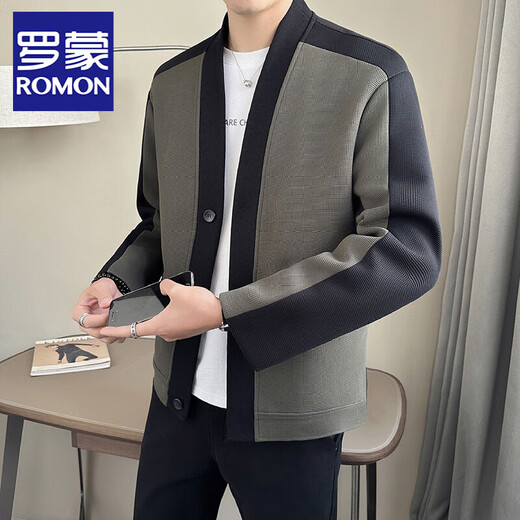 罗蒙（ROMON）华夫格开衫外套男士春秋季潮流男装上衣潮牌痞帅拼色休闲夹克 K687绿色 3XL