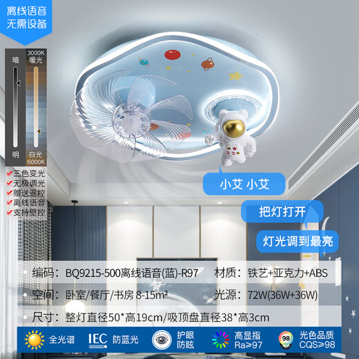 Junyu Vollspektrum-Augenschutz, Kinderzimmerlampe, Ventilatorlampe, kann den Kopf schütteln, Prinzessinnenzimmer, Mädchen, Einhorn, warmes Schlafzimmer, Deckenlampe, kann 360 ° den Kopf schütteln, Augenschutz, 97 CRI, BQ9215-500