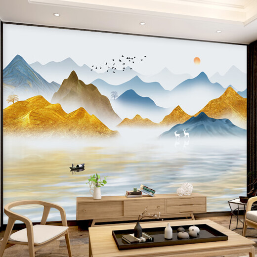 山头林村新中式山水画墙纸自粘麋鹿风景画贴画墙贴客厅沙发背景墙装饰壁画 QT-679 超大宽00*高00-张拼接