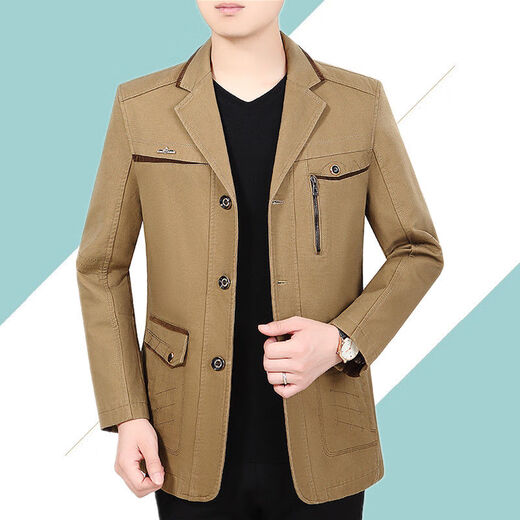 Pierre cardin spring and autumn men's clothing middle-aged men's pure cotton jacket casual daddy autumn jacket suit collar mid-length jacket deep khaki [stand collar] 180 XL
