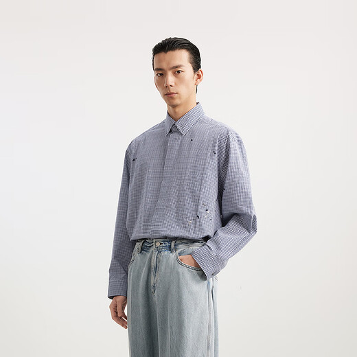Sketch Herren-Kleidung 2025 Frühling Neues Produkt H-förmiges kariertes handbemalte lose Hemdkragen langärmeliges Hemd Casual 9p2210890 983 Blaues schwarz gestreiftes Gitter m
