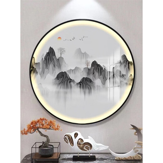 New Chinese style round lamp painting entrance hall study background decorative painting ink landscape artistic conception landscape tea room round hanging painting H style embraces all rivers, diameter 70, no lamp style