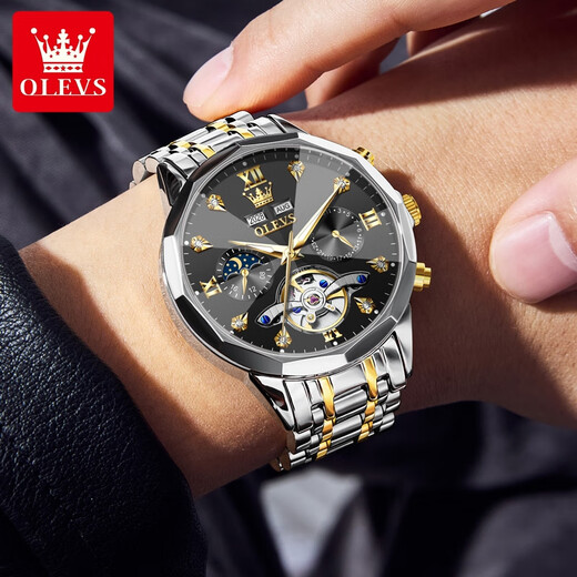 Olevs Swiss Certified Brand Watch Herren Multifunktional mechanische Uhr Vollautomatisch leuchtend wasserdichte Männer Watch Trendy Herren Uhr Olevs-6621 Stahlgürtel Schwarz