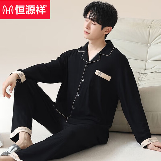 Hengyuanxiang pure cotton pajamas men's spring and autumn long-sleeved lapels loose plus size can be worn outside men's home clothes set OMM12004 L 100-120Jin Jin is equal to 0.5 kg