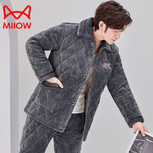 Catman (miiow) pyjamas hommes en automne et hiver à trois couches de corail épaissis en velours de coton en coton de coton de coton de coton de maison chaude style hiver C9902 Blue Men [Velvet de lait] l 3 couches x (125 Jin [Jin équivaut à 0,5 kg]) à trois couches épaisses