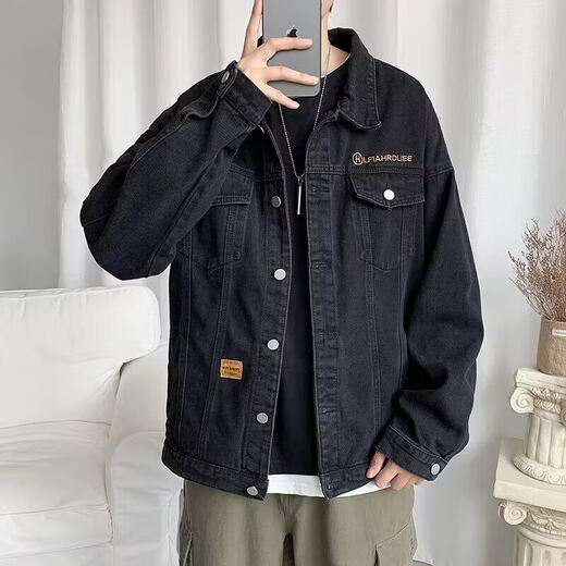 YOOOURTHING牛仔夹克外套男春秋新款炸街上衣韩版潮流休闲棒球服宽松休闲男装 黑色 L 建议120-135斤