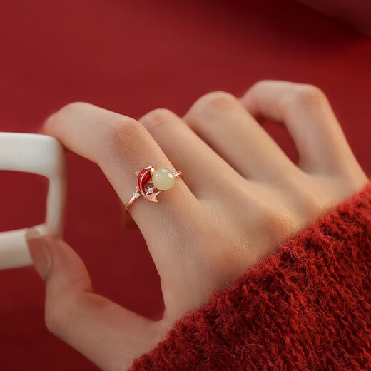 Su Shiliu Hotan jade koi ring for women 925 silver light luxury index finger ring open ring birthday gift for girlfriend and wife 925 silver jade koi ring adjustable