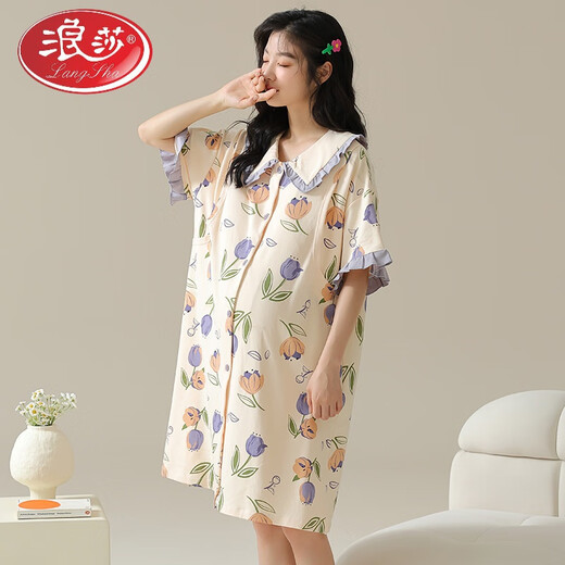 LangSha (LangSha) pure cotton chest pad pajamas for summer pregnant women thin short-sleeved cardigan for postpartum childbirth clothes for breastfeeding nightgown for postpartum maternity 7A-11981 L [Suggested 100-120 Jin [Jin equals 0.5 kg]]