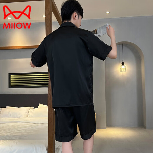 猫人（MiiOW）新款黑色男士睡衣夏季薄款短袖套装新款夏天男生冰真丝家居服 G723 L (身高170左右体重-130斤)