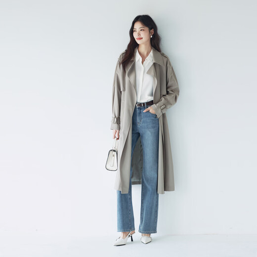 Evely [klassische Fortsetzung] Mint Mambo altmodische Struktur-Sensing-Doppelbrust-Long Windbreaker-Jacke für Frauen New Style Pearl Grey M 120-135jin [Jin ist 0,5 kg]