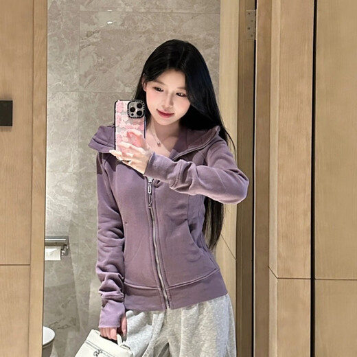 lulu露露卫衣scuba刺绣连帽加绒韩版修身运动拉链外套秋瑜伽服 金标杂白 L 8
