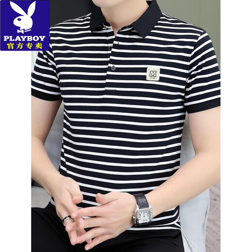 花花公子（PLAYBOY）纯棉polo衫男士短袖t恤条纹翻领上衣夏季新款高档商务有领体恤衫 TB-QY753灰白 L 【建议120-135斤】