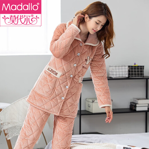 Modal pajamas for women in winter thickened and plush three-layer cotton warm autumn and winter flannel women can wear home clothes set W4 R9858-1 orange red medium length hat M (160)