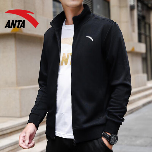ANTA Sports Jacket Men's Autumn and Winter Cardigan Stand Collar Jacket Sweatshirt Long Sleeve Zipper Top 7706-1 Basic Black Regular Style L (175)